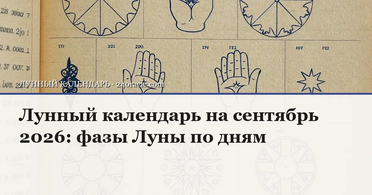 Винтажная чернильная гравюра: Лунный календарь на сентябрь 2026: фазы Луны по дням